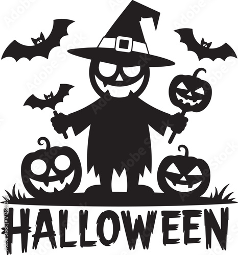 Spooky scarecrow bats pumpkins and halloween text witch