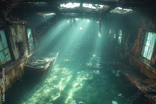 Submerged boat in water.