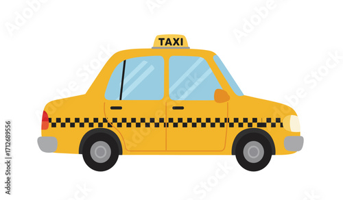 Bright yellow taxi cab with checkerboard stripe and rooftop sign iconic urban transportation vehicle for city travel isolated on white background