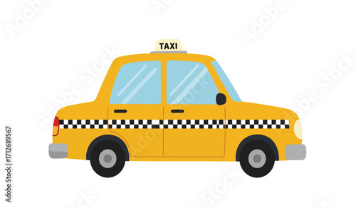 Bright yellow taxi cab with classic checkerboard stripe ready for city transport and urban journeys isolated on white background