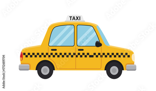 Iconic yellow taxi cab with checkerboard stripe and 'taxi' sign ideal for transportation and city services concepts isolated on white background