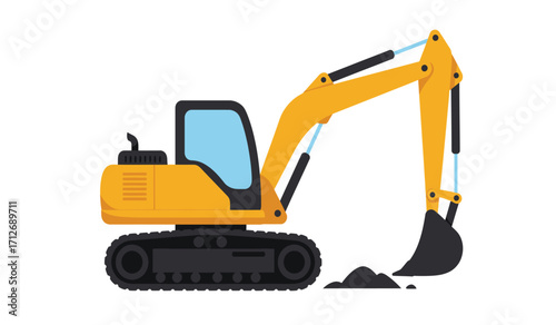 Yellow excavator machine digging dirt construction vehicle machinery heavy equipment industrial site work building industry power tool transport object isolated on white background