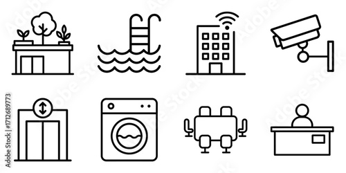 Hotel amenities icons set with rooftop garden, swimming pool, WiFi, CCTV, elevator, laundry, meeting room, reception
