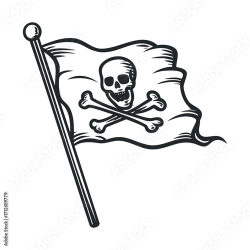 Pirate flag featuring skull and crossbones design for decoration. Vector hand drawn illustration