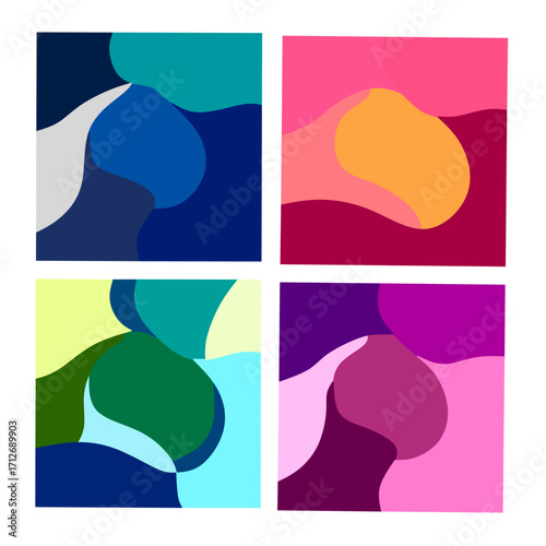 A stunning set of four abstract vector art pieces, each featuring a unique arrangement of organic, flowing shapes in a distinct color palette. This collection of fluid abstract backgrounds offers a mo