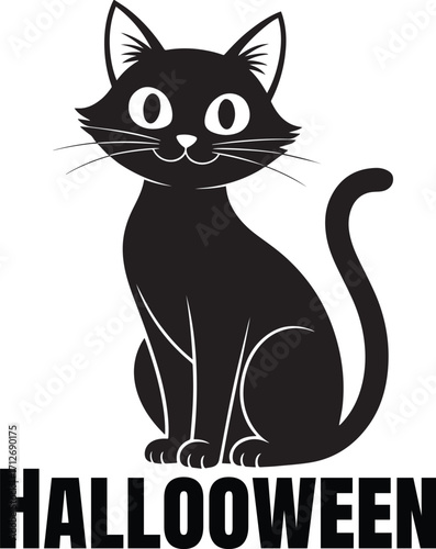 Black cat silhouette with large eyes and text halloween