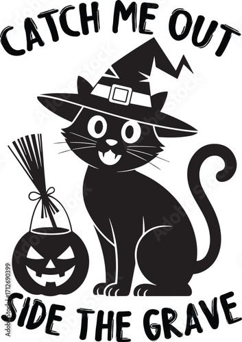 Black cat witch hat pumpkin trick treat vector