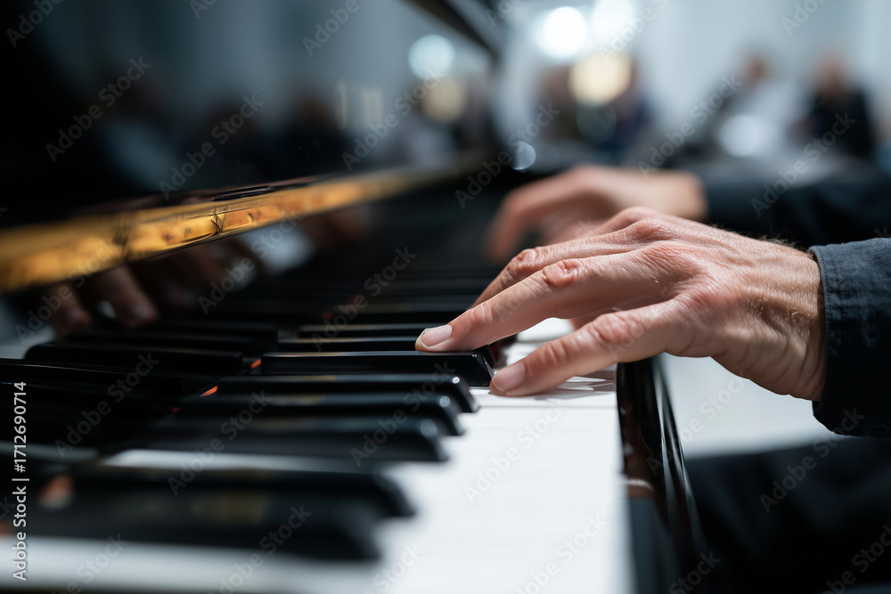 Obraz premium Young pianist performing classical piece during entrance exam, examiner blurred in background, 