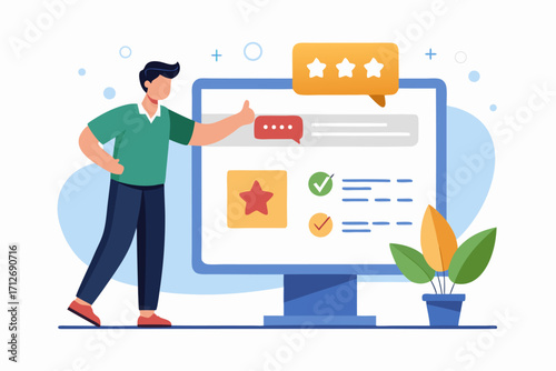 Vector flat illustration showing a man giving a star rating to an AI chatbot on a digital interface. Perfect for concepts related to customer feedback, online reviews, chatbot interaction, user satisf