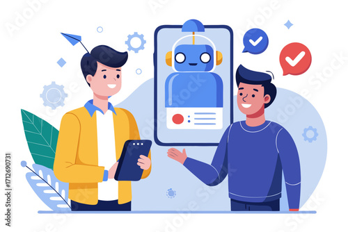 Vector flat illustration showing a man giving a star rating to an AI chatbot on a digital interface. Perfect for concepts related to customer feedback, online reviews, chatbot interaction, user satisf