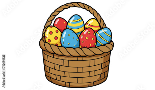 Festive easter basket filled with colorful decorated eggs perfect for spring celebrations and holiday designs isolated on white background