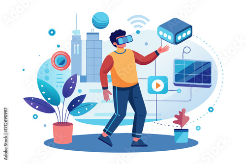 Vector flat illustration showing a man giving a star rating to an AI chatbot on a digital interface. Perfect for concepts related to customer feedback, online reviews, chatbot interaction, user satisf