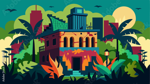 A rundown building transformed into a canvas for the citys most talented graffiti artists depicting a wild and intricate jungle scene.