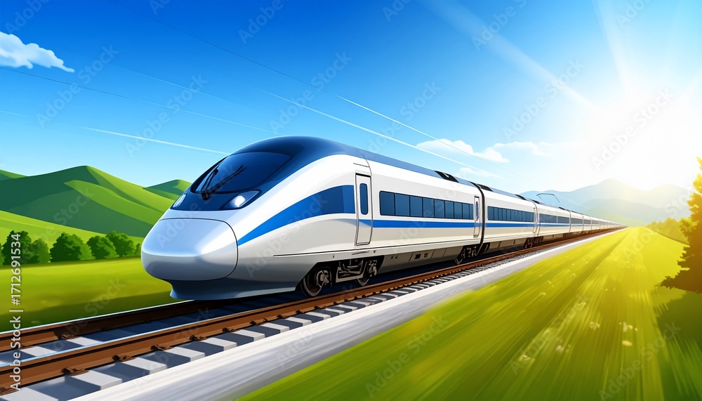 Fototapeta premium High-speed train zipping across scenic countryside under bright sunlit sky