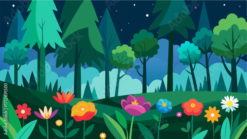 A clearing dotted with colorful wildflowers their vibrant hues standing out against the deep greens of the forest.