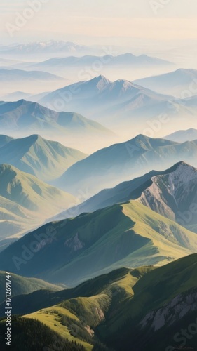 Layered mountain ranges with misty valleys and green slopes under soft lighting