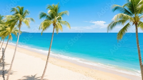 Tropical beach with palm trees, clear blue water, and sandy shore under a bright sky