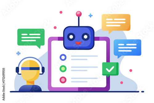 Vector flat illustration showing a man giving a star rating to an AI chatbot on a digital interface. Perfect for concepts related to customer feedback, online reviews, chatbot interaction, user satisf
