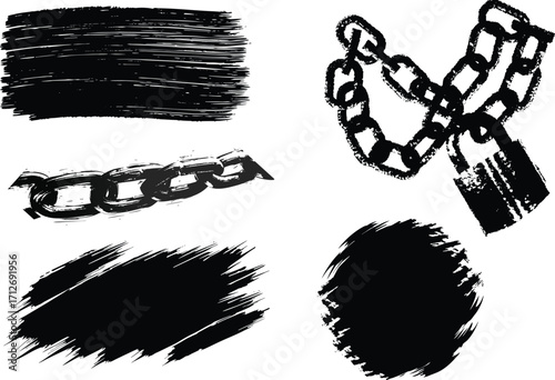 Grunge Chain, lock, brush, round brush, in black ink silhouette for urban art design vector illustration. Eps 10