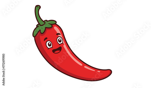Happy red chili pepper character with googly eyes and smiling mouth expressing joyful spice and flavorful heat isolated on white background