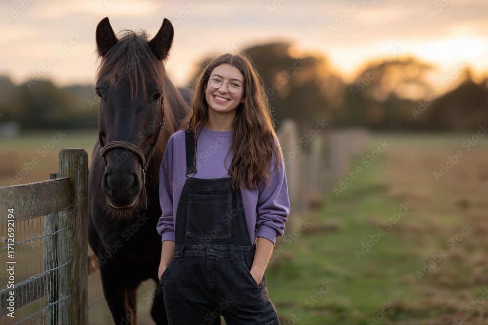 Fototapeta premium Young caucasian female with horse in pasture at sunset