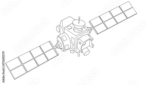 Detailed line art drawing of an advanced space satellite with solar panels expanding for power generation in orbit isolated on white background
