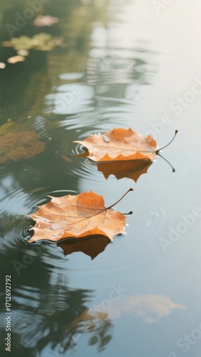 Two autumn leaves floating on calm water with reflections