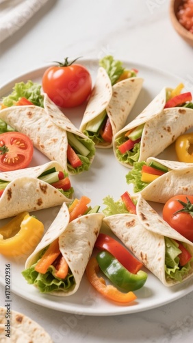Vegetable-filled tortilla wraps arranged on a white plate with fresh tomatoes and bell peppers