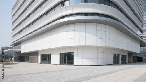 Modern curved building with white facade and glass windows