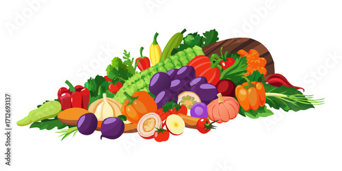 Abundant cornucopia of fresh vegetables and fruits isolated on transparent background