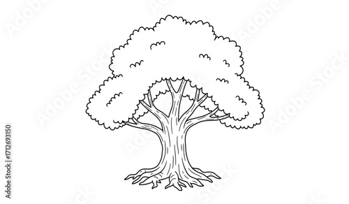 Stylized outline of a majestic tree with thick trunk and lush canopy symbolizing growth nature and life isolated on white background