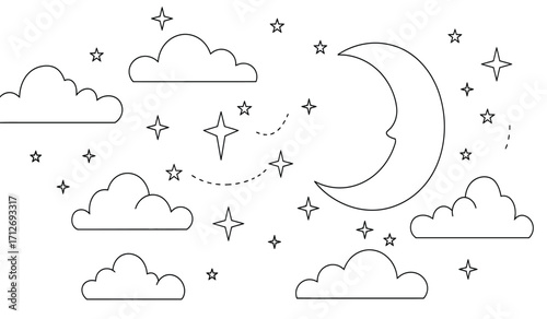 Whimsical crescent moon and starry night sky with fluffy clouds simple line art celestial dreamscape for serene ambiance isolated on white background