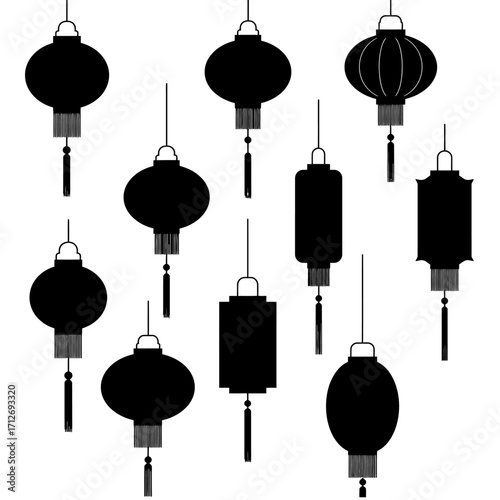Collection of diverse black chinese lanterns suspended with decorative tassels for festive ambiance isolated on white background