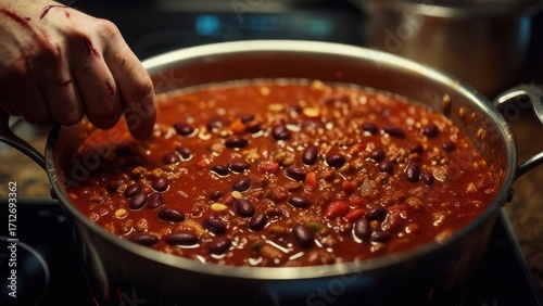 Hand stirring chili in a pan
