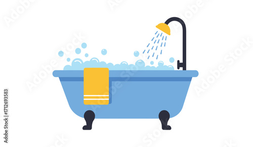 Relaxing blue bathtub filled with bubbles and a towel featuring a shower head dispensing water isolated on white background