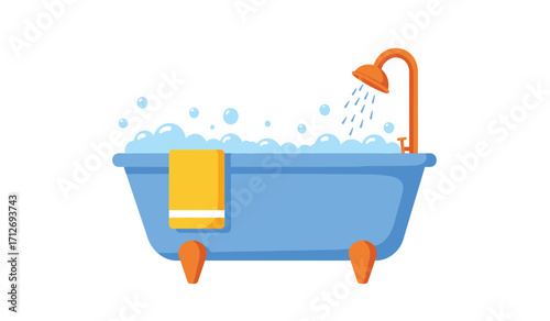 Soothing blue bathtub filled with bubbles and orange accents featuring a yellow towel and shower head for relaxation and bathing isolated on white background