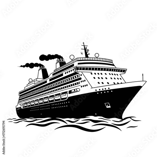 Majestic cruise ship sailing on wavy ocean with smoke puffs from funnels isolated on white background