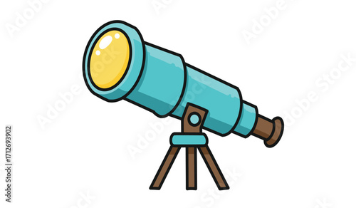 Turquoise telescope on tripod for astronomy and scientific exploration discovering distant celestial objects and galaxies isolated on white background