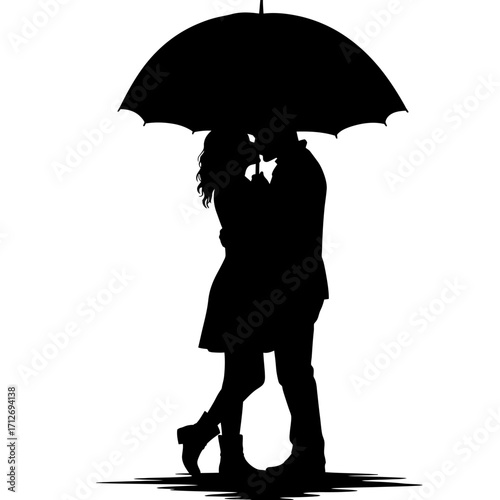 Silhouette couple kissing under umbrella romantic embrace joyful moment shared love togetherness symbol isolated on white background