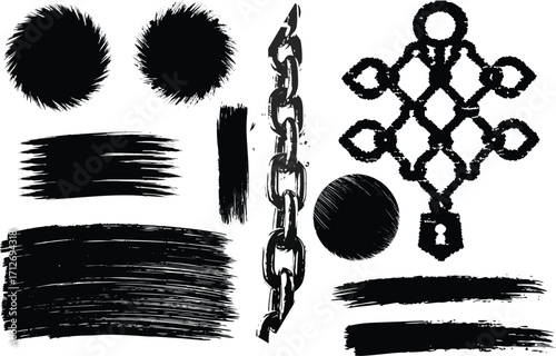 Black ink grunge of broken Chain, lock, brush, round brush on transparent background for urban art design vector illustration. eps10
