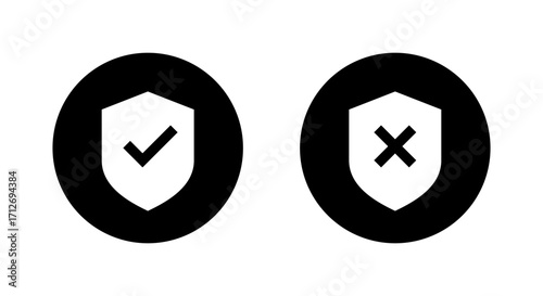 Shield protection with tick and cross icon. Security approve and reject symbol in black circle