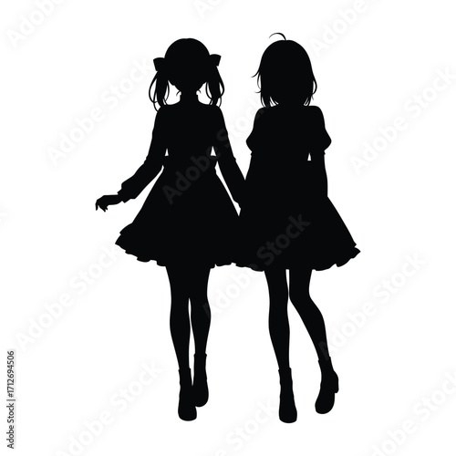 Silhouette of two young girls standing together holding hands animated style isolated on white background