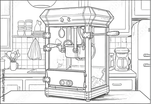 Detailed popcorn machine drawing, vintage style, kitchen appliance