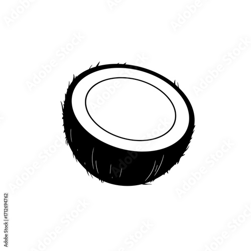 Hand-drawn coconut half slice isolated on white with textured exterior and smooth interior isolated on white background