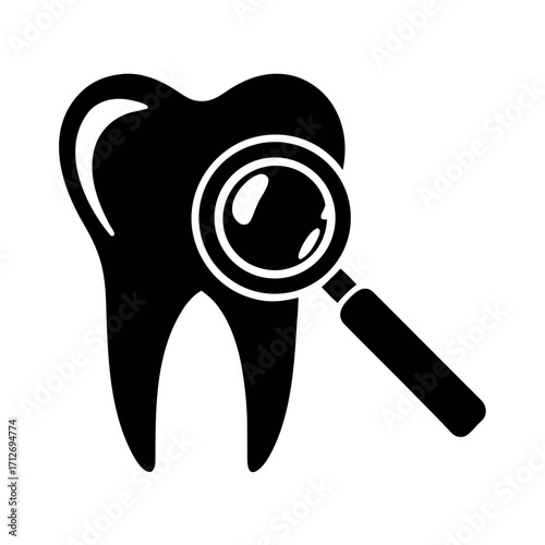 Vector art of black silhouette of a tooth being examined with a magnifying glass, illustration design
