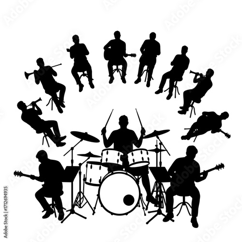 Silhouette band performing live music ensemble of musicians playing instruments in circle arrangement isolated on white background