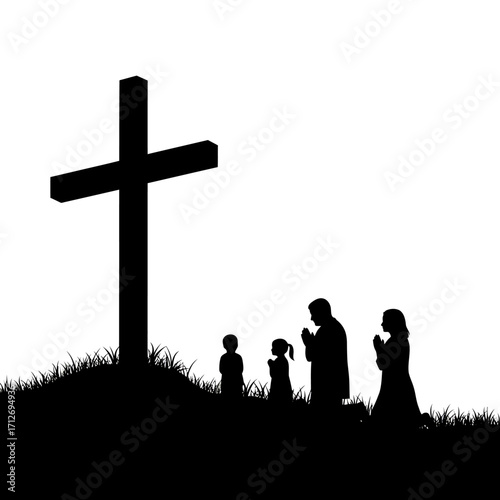 Family praying before a cross silhouette symbolic of faith hope and devotion christian symbolism isolated on white background