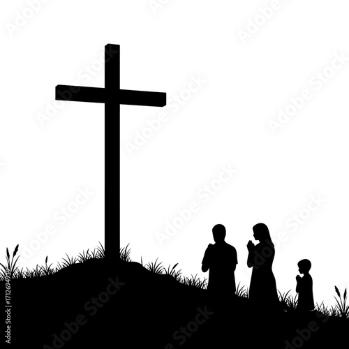 Silhouette christian family praying faithfully beside a large cross on a hillside at dawn isolated on white background