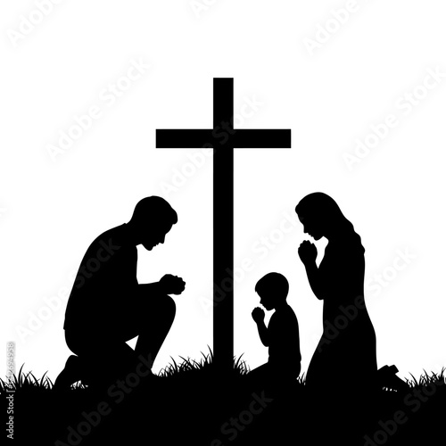 Family kneeling in prayer before a christian cross silhouette symbolizing faith and devotion isolated on white background