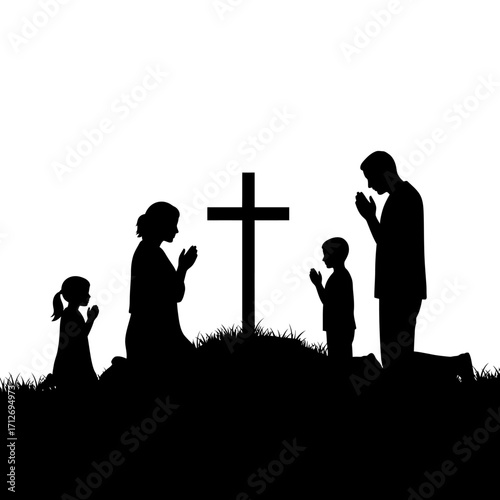 Family prayer silhouette christian faith cross worship outdoors peaceful moment devotion isolated on white background